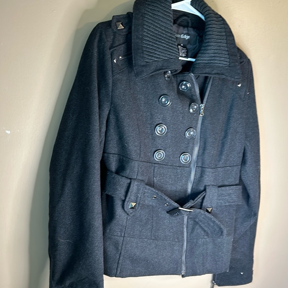Outer Edge Black Wool Blend Peacoat Zip Closure Waist Buckle Studs. Size XL